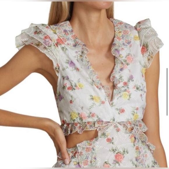 Alice + Olivia Mitzi Cutout Minidress White Floral Short Sleeve Ruffle Dress 14 - Picture 2 of 12